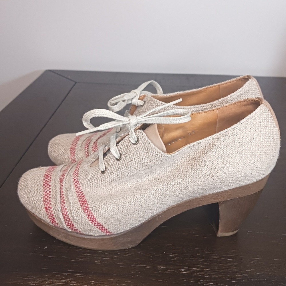 Coclico linen lace up platform heels wood heel artisan boho shoes EU 38